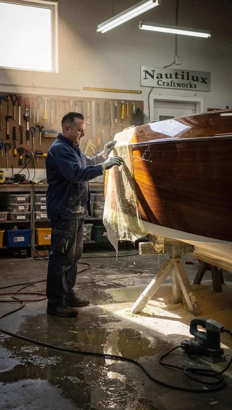 Darba process, kurā meistari strādā pie laivas remontdarbiem.